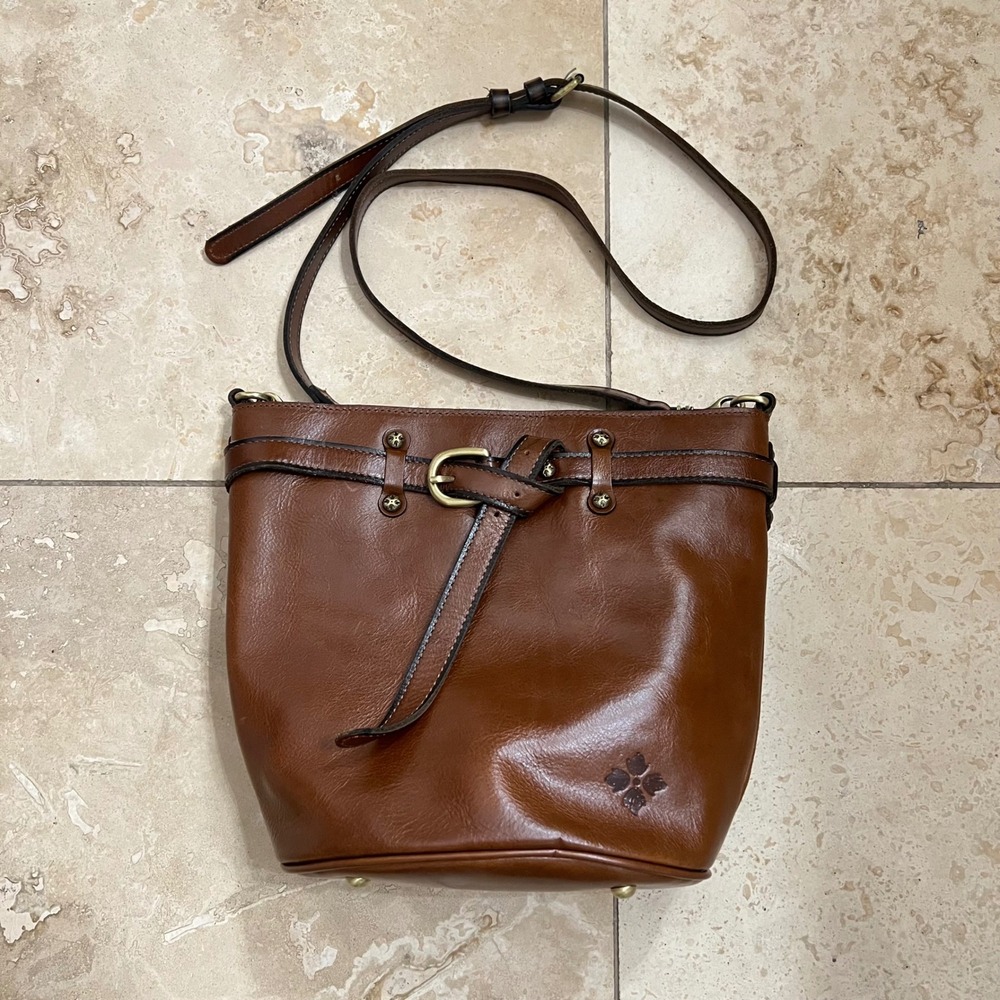 Patricia Nash Cognac Brown Leather Buckle Crossbody Bag Boho Equestrian Artisan
